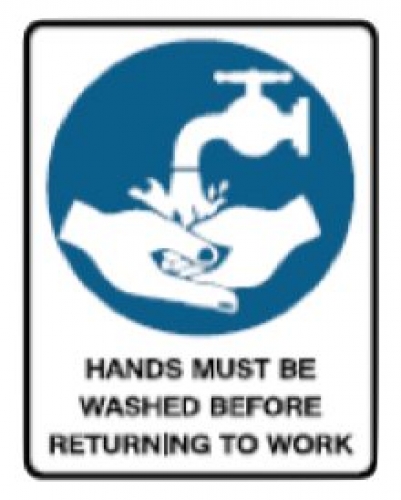 Hands must be washed before returning to work sign - poly