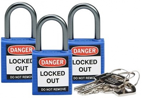 Blue Safety Plus keyed alike padlock pack - three