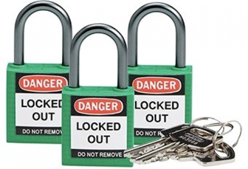 Green Safety Plus keyed alike padlock pack - three