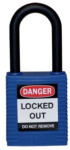 Blue nylon safety padlocks with non-conductive nylon shackle