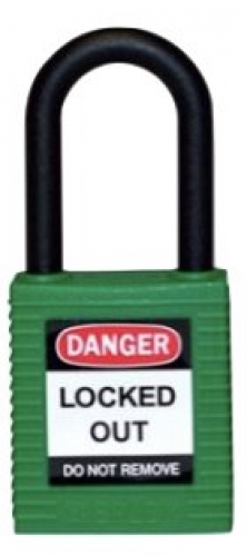 Green nylon safety padlocks with non-conductive nylon shackle