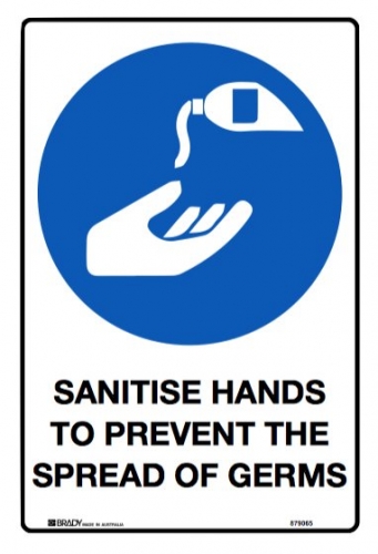 Sanitise hands to prevent the spread of germs 300x450mm poly sign
