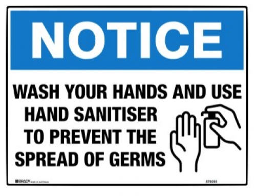 Wash your hands and use hand sanitiser sign 450mmx600mm flute