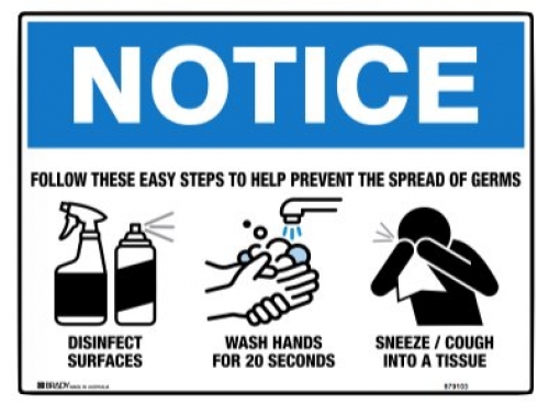 Steps to prevent spread of germs 225x300mm poly sign