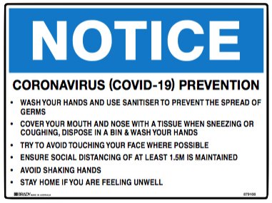 Coronavirus prevention sign 450x600mm flute