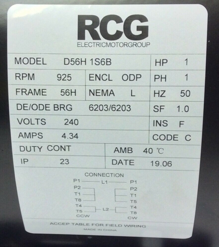 RCG B56 0.75kW 6P 900rpm ODP B3 Foot Mount PSC 240V Steel 5/8" Shaft